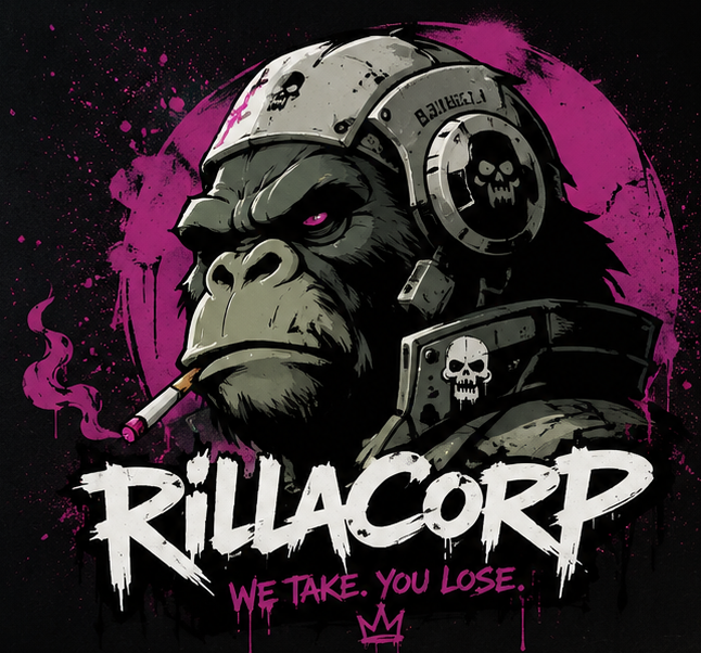 RillaCorp — armored gorilla mascot with the RILLACORP wordmark and tagline We Take. You Lose.